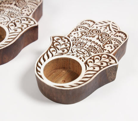 Hand Carved Wooden Hamsa Palm Tealight Holders (Set of 2)