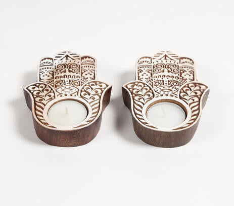 Hand Carved Wooden Hamsa Palm Tealight Holders (Set of 2)
