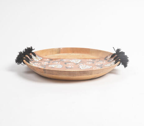 Enameled Floral Strip Tasseled Mango Wood Plate
