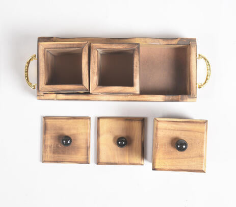 Hand Carved Mango Wood Storage Jars & Tray Set
