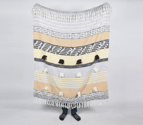 Statement Paneled Handloom Cotton & Wool Throw with Tassels