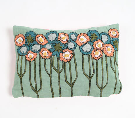 Floral embroidered Slub Turquoise Lumbar Cover