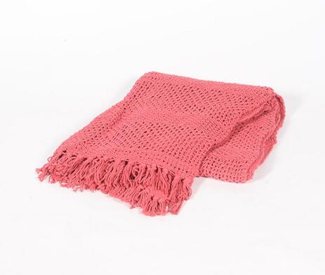 Knitted Coral Red Tasseled throw