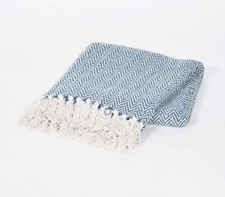 Yarn-Dyed Cotton Steel Blue Chevron Tasseled Throw