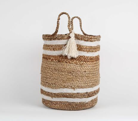 Jute Storage Basket with white stripes