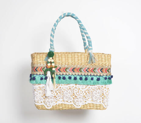 Lace Work Basket Woven Cane Turquoise Handbag